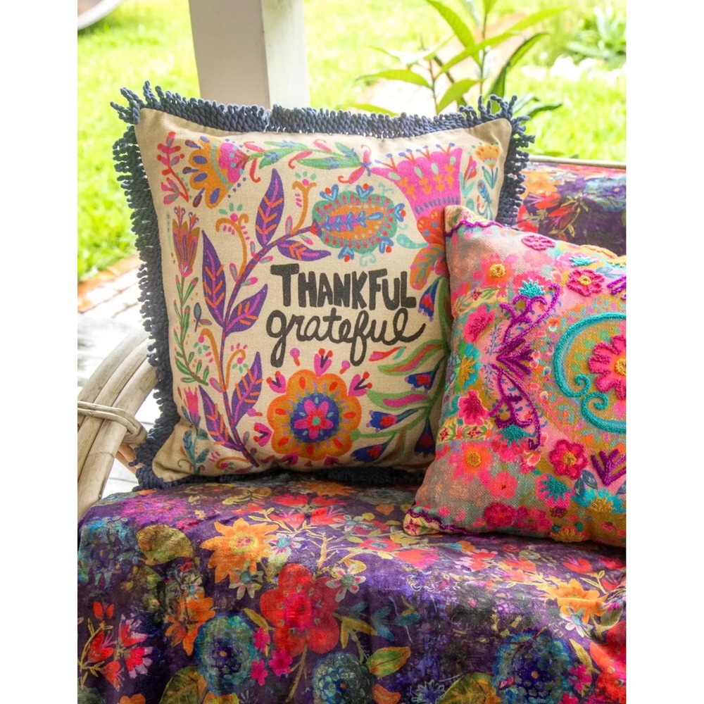 Natural Life Bungalow Pillowcase Pillow Cover Thankful Grateful Floral BOHO